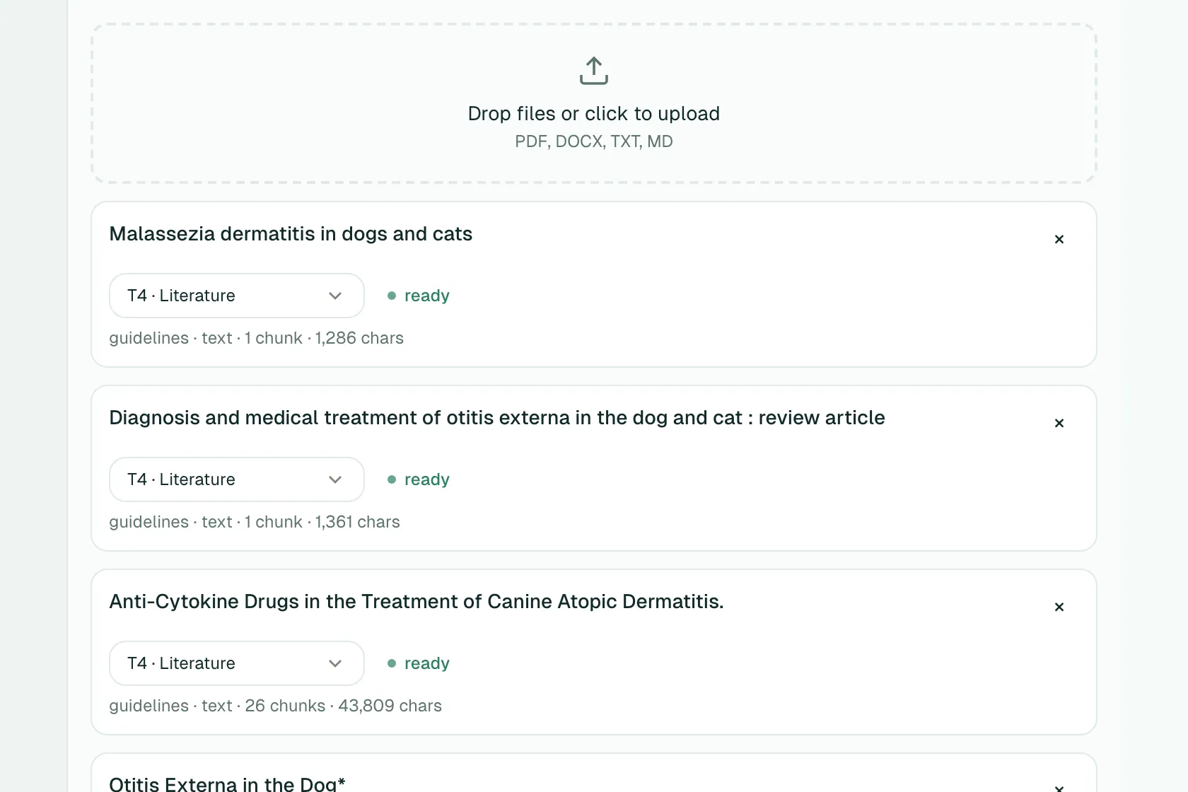 A clinic brain's sources panel listing uploaded dermatology references, each with its authority tier, its ready status and its chunk and character counts.