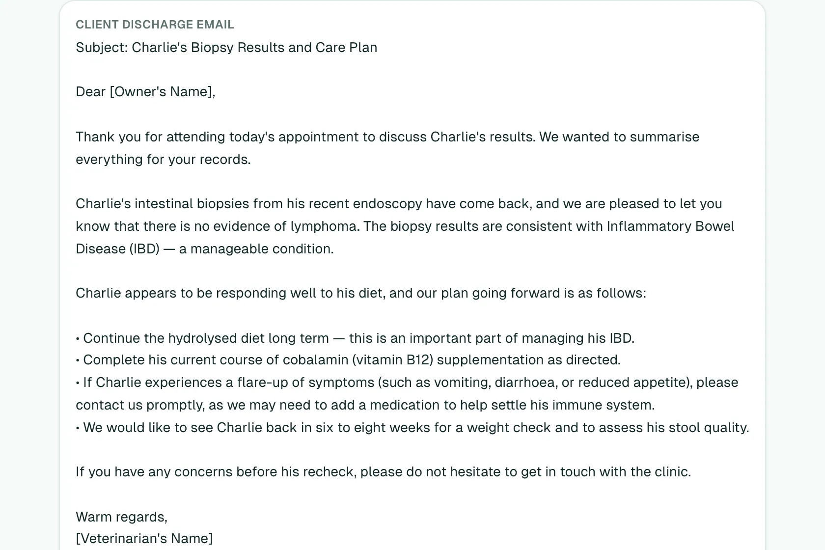A client discharge email explaining a dog's biopsy results and care plan in plain English.
