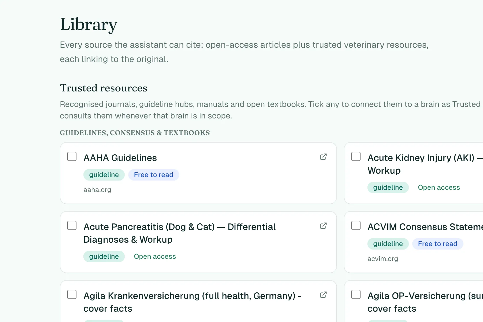 The reference library listing named veterinary sources such as AAHA Guidelines and ACVIM consensus statements, each tagged by type and access.