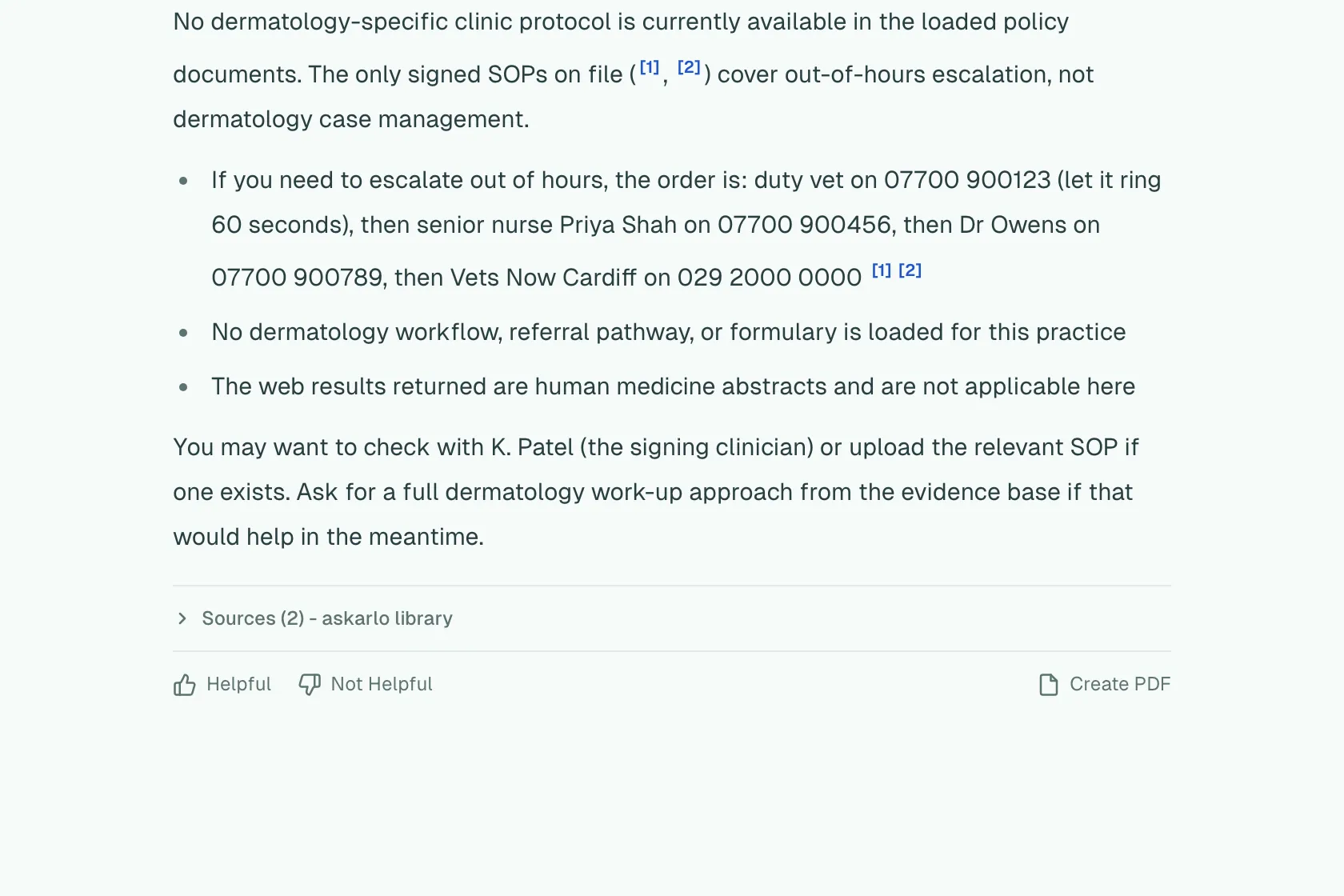 An answer stating that no dermatology protocol is loaded, citing the out-of-hours escalation policy it does hold.