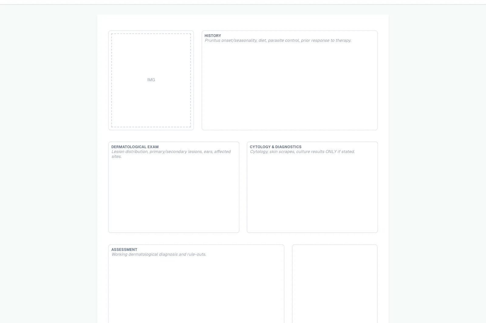 A note template laid out on the page, with an image beside the history section, the dermatological exam and cytology panels side by side, and the assessment beside the signature block.