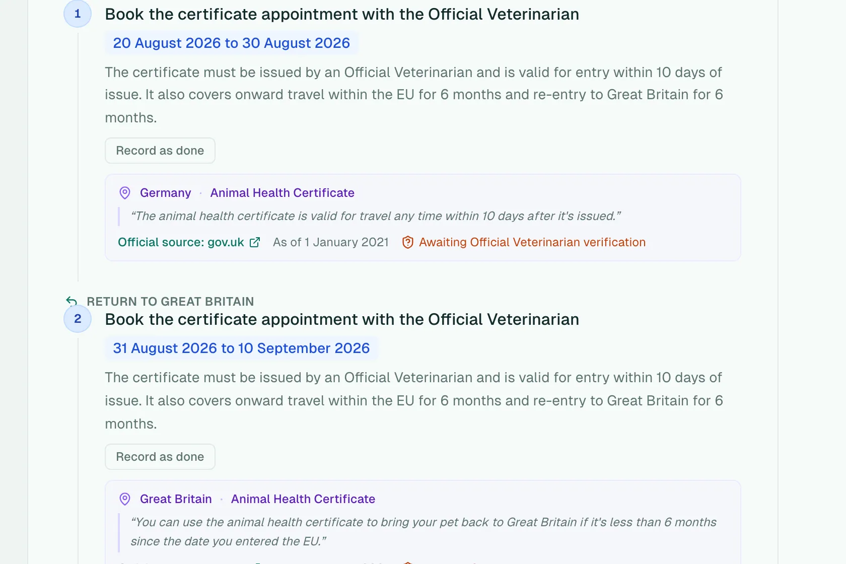 A dated pet-travel plan showing certificate appointment windows for Germany and the return to Great Britain, each quoting gov.uk.