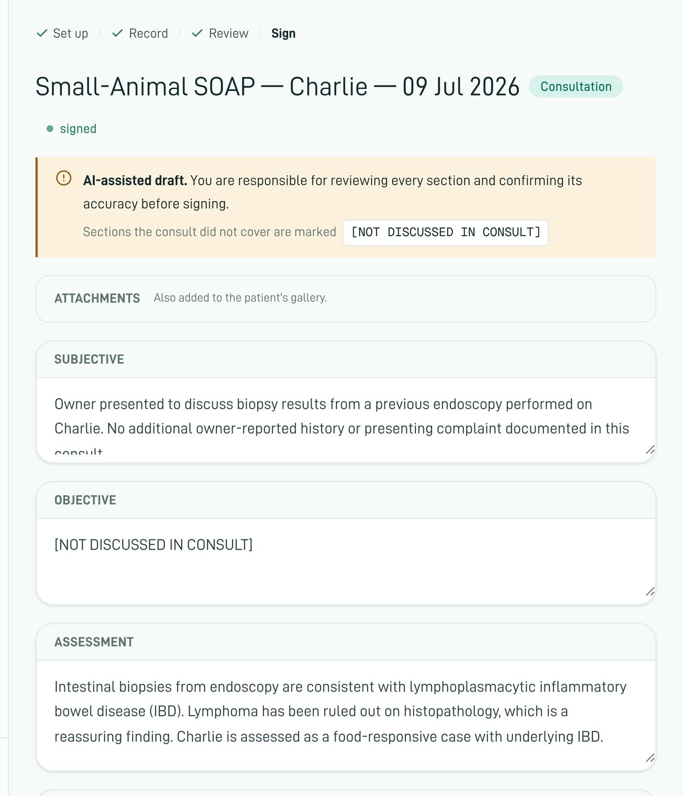 A signed small-animal SOAP note scrolling through its subjective, objective, assessment and plan sections; the objective section reads NOT DISCUSSED IN CONSULT.